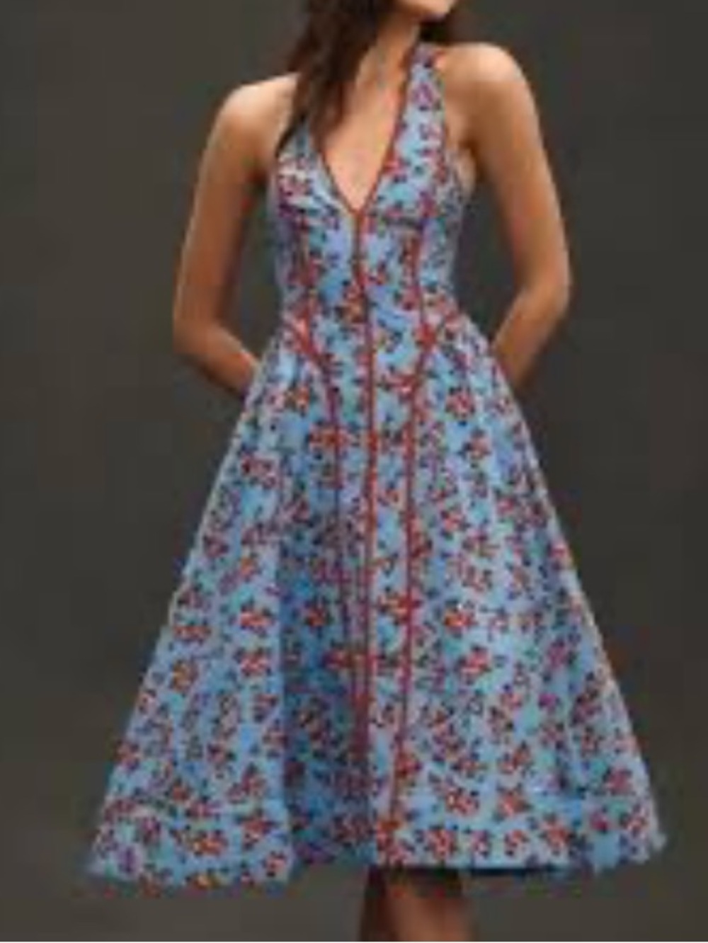 Anthropologie Dusty Blue  and Red Floral Smocked Midi Dress NWOT - Picture 3 of 8